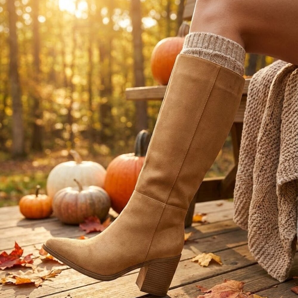 NWT SODA Camel Tan Faux Suede Knee High Boots 3.5" Block Heel Pointed Toe - Picture 5 of 6